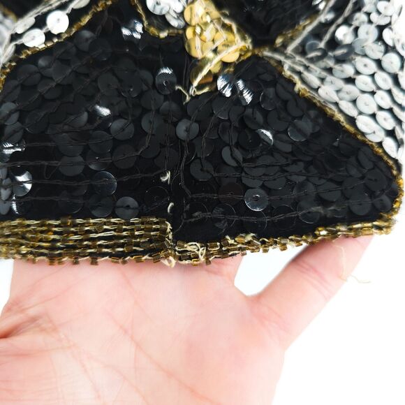 Vtg Scala Sequin Harlequin Silk Blouse Beaded Neck & Hem Short Sleeve Blouse PL - Picture 12 of 14